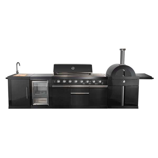 All'Aperto 87,600 BTU BBQ, Sink & Bar Module, Gas Pizza Oven, Black Sintered Stone Countertops