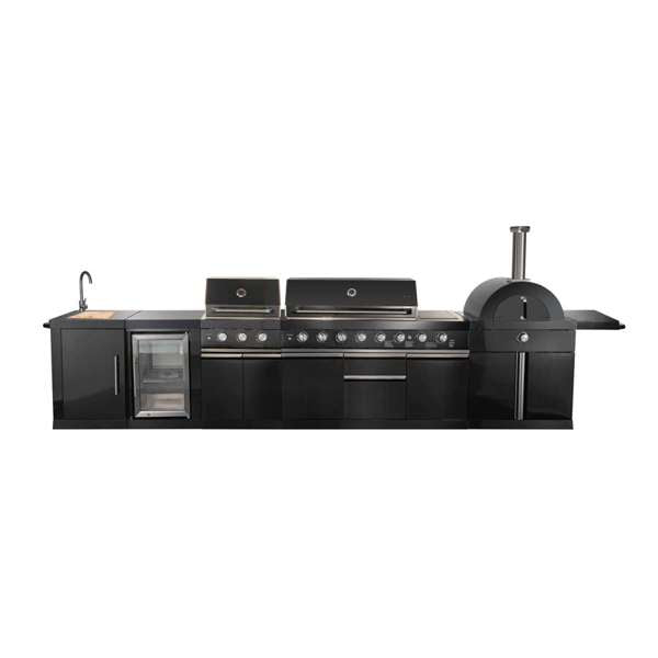 All'Aperto Black Countertops, 99,600 BTU BBQ, Sink, Bar Module, Plancha & Pizza Oven