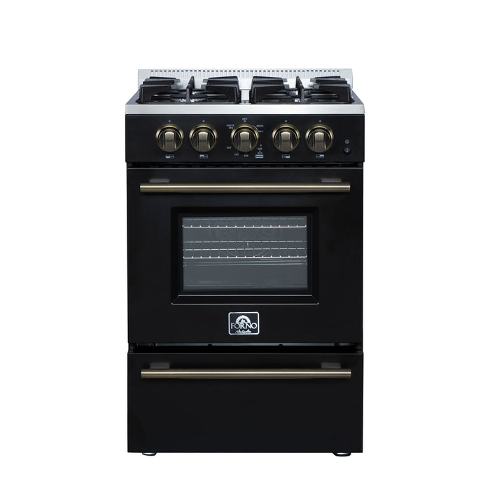 Forno Breno 24 Inch Freestanding Gas Range in Black/White with Antique Brass, Compact Design