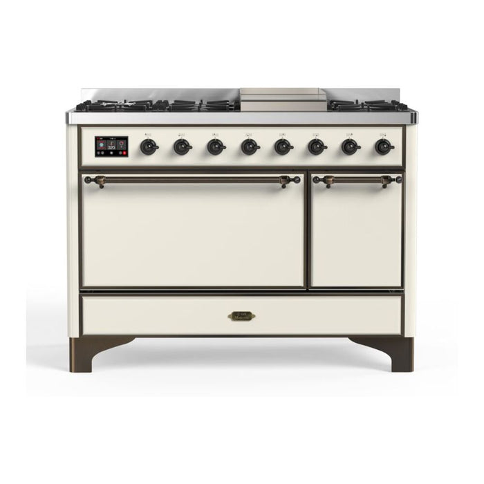 ILVE 48 Inch Majestic II Series Freestanding Dual Fuel Liquid Propane Range with 8 Sealed Brass Non Stick Coated Burners and Griddle (UM12FDQNS3)