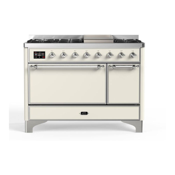 ILVE 48 Inch Majestic II Series Freestanding Dual Fuel Liquid Propane Range with 8 Sealed Brass Non Stick Coated Burners and Griddle (UM12FDQNS3)