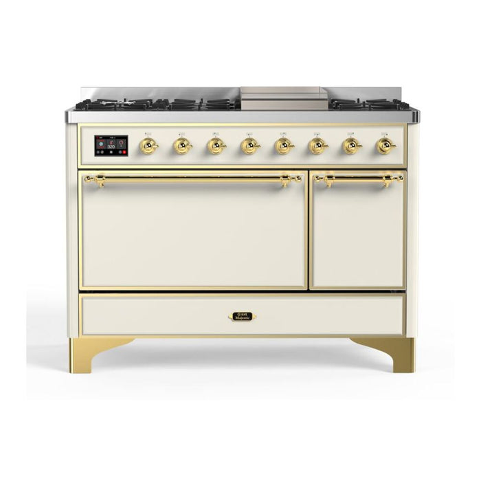 ILVE 48 Inch Majestic II Series Freestanding Dual Fuel Liquid Propane Range with 8 Sealed Brass Non Stick Coated Burners and Griddle (UM12FDQNS3)