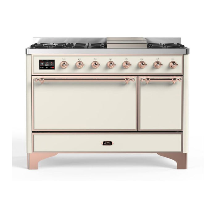 ILVE 48 Inch Majestic II Series Freestanding Dual Fuel Liquid Propane Range with 8 Sealed Brass Non Stick Coated Burners and Griddle (UM12FDQNS3)