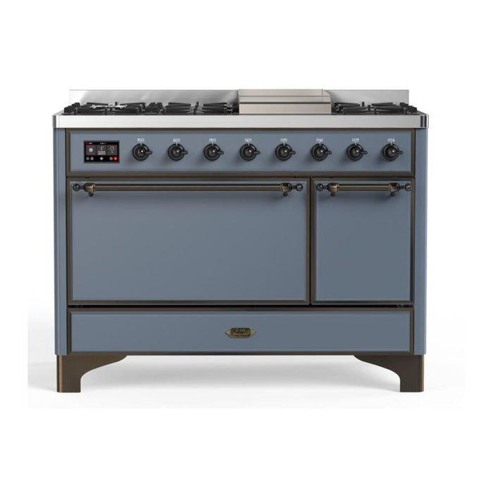 ILVE 48 Inch Majestic II Series Freestanding Dual Fuel Liquid Propane Range with 8 Sealed Brass Non Stick Coated Burners and Griddle (UM12FDQNS3)