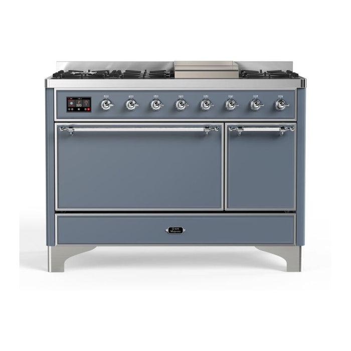 ILVE 48 Inch Majestic II Series Freestanding Dual Fuel Liquid Propane Range with 8 Sealed Brass Non Stick Coated Burners and Griddle (UM12FDQNS3)