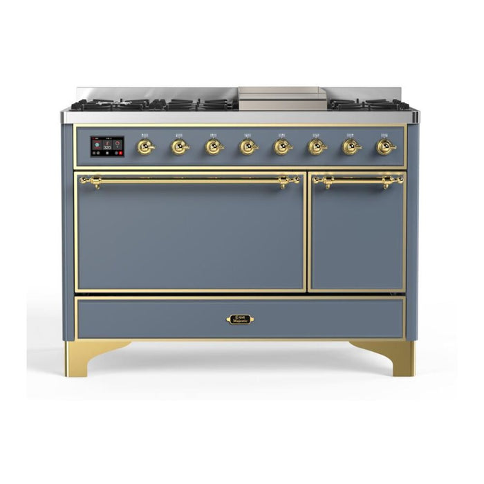 ILVE 48 Inch Majestic II Series Freestanding Dual Fuel Liquid Propane Range with 8 Sealed Brass Non Stick Coated Burners and Griddle (UM12FDQNS3)