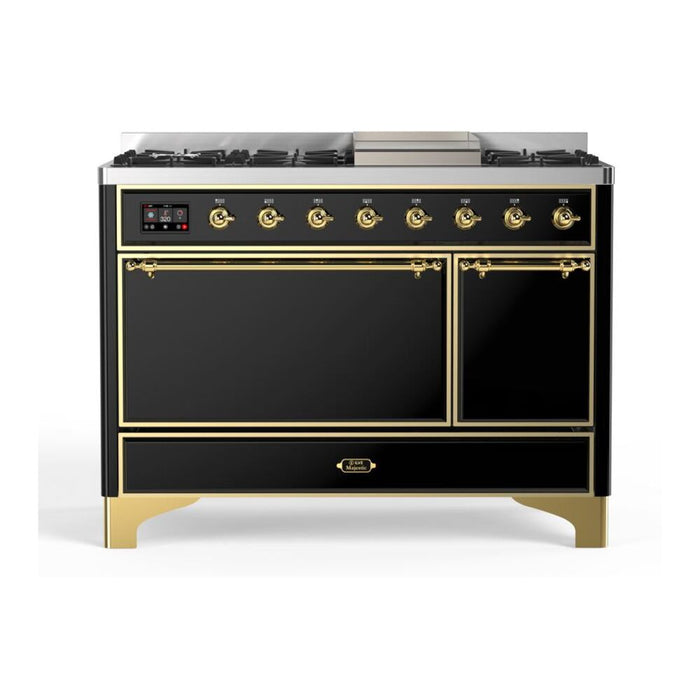 ILVE 48 Inch Majestic II Series Freestanding Dual Fuel Liquid Propane Range with 8 Sealed Brass Non Stick Coated Burners and Griddle (UM12FDQNS3)