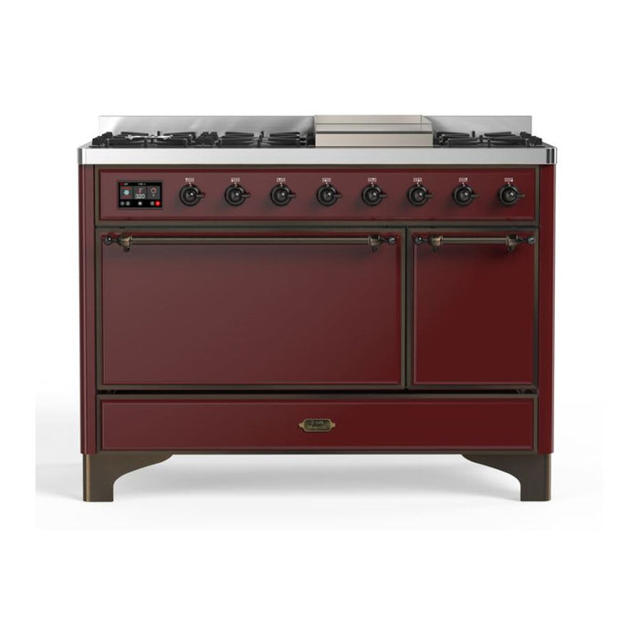 ILVE 48 Inch Majestic II Series Freestanding Dual Fuel Liquid Propane Range with 8 Sealed Brass Non Stick Coated Burners and Griddle (UM12FDQNS3)