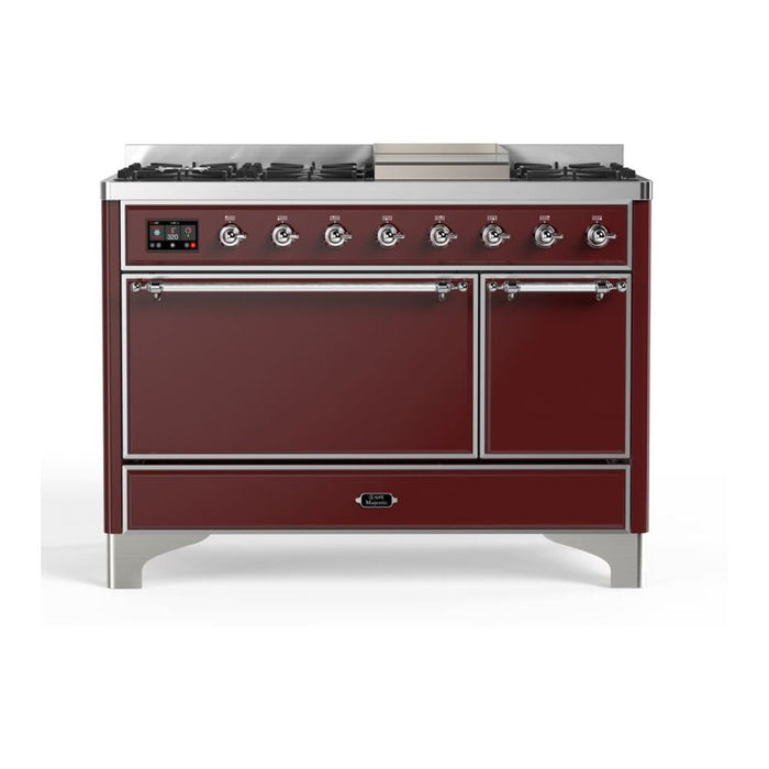 ILVE 48 Inch Majestic II Series Freestanding Dual Fuel Liquid Propane Range with 8 Sealed Brass Non Stick Coated Burners and Griddle (UM12FDQNS3)