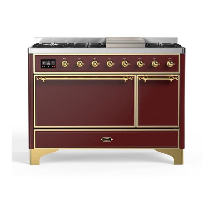 ILVE 48 Inch Majestic II Series Freestanding Dual Fuel Liquid Propane Range with 8 Sealed Brass Non Stick Coated Burners and Griddle (UM12FDQNS3)