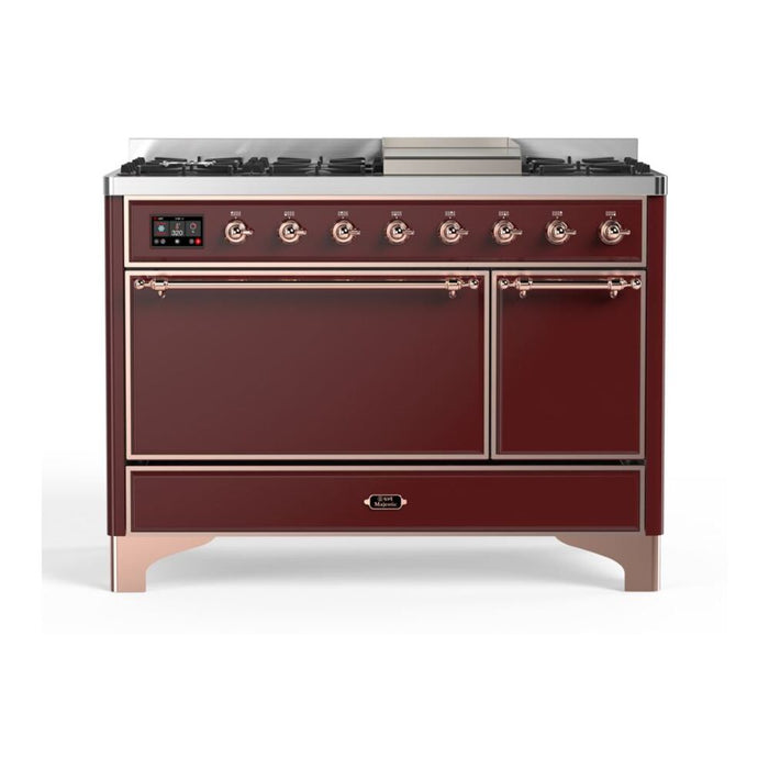 ILVE 48 Inch Majestic II Series Freestanding Dual Fuel Liquid Propane Range with 8 Sealed Brass Non Stick Coated Burners and Griddle (UM12FDQNS3)