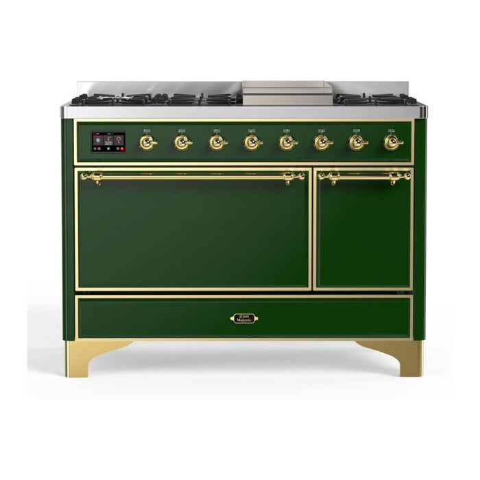 ILVE 48 Inch Majestic II Series Freestanding Dual Fuel Liquid Propane Range with 8 Sealed Brass Non Stick Coated Burners and Griddle (UM12FDQNS3)