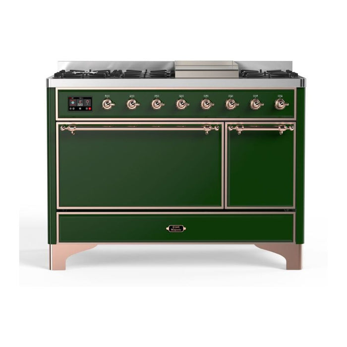 ILVE 48 Inch Majestic II Series Freestanding Dual Fuel Liquid Propane Range with 8 Sealed Brass Non Stick Coated Burners and Griddle (UM12FDQNS3)