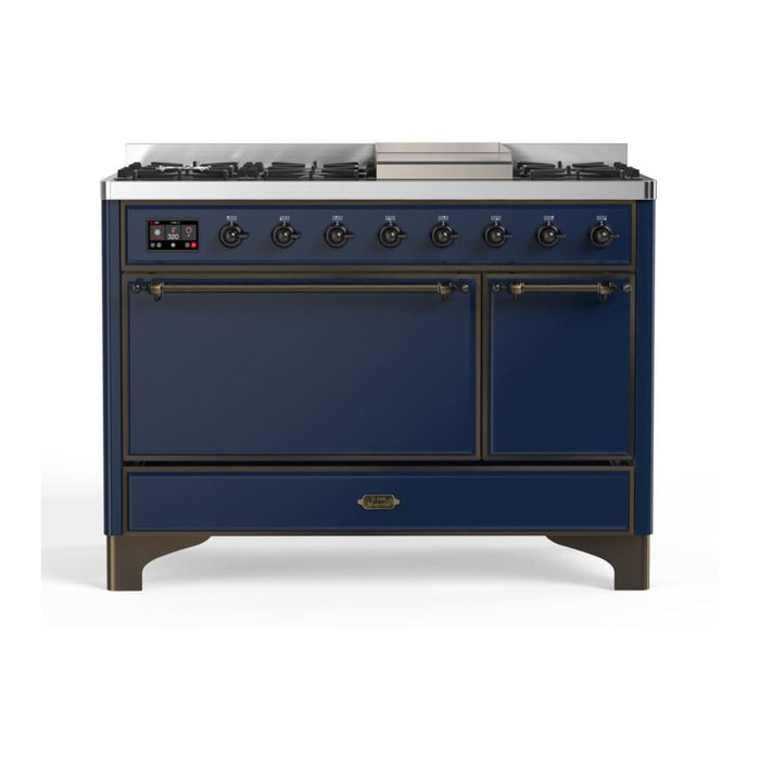 ILVE 48 Inch Majestic II Series Freestanding Dual Fuel Liquid Propane Range with 8 Sealed Brass Non Stick Coated Burners and Griddle (UM12FDQNS3)