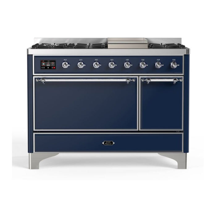 ILVE 48 Inch Majestic II Series Freestanding Dual Fuel Liquid Propane Range with 8 Sealed Brass Non Stick Coated Burners and Griddle (UM12FDQNS3)