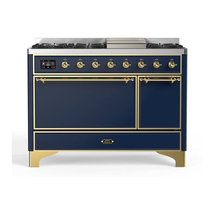 ILVE 48 Inch Majestic II Series Freestanding Dual Fuel Liquid Propane Range with 8 Sealed Brass Non Stick Coated Burners and Griddle (UM12FDQNS3)