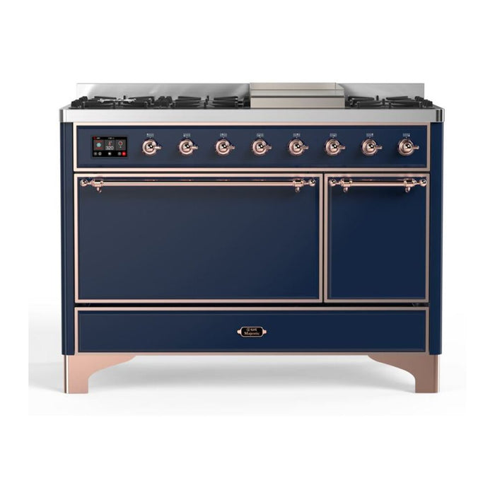 ILVE 48 Inch Majestic II Series Freestanding Dual Fuel Liquid Propane Range with 8 Sealed Brass Non Stick Coated Burners and Griddle (UM12FDQNS3)