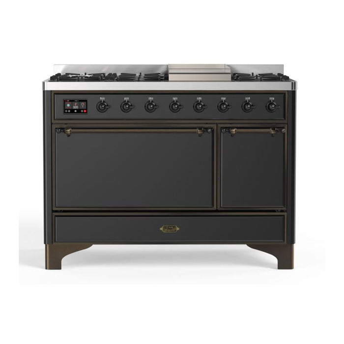 ILVE 48 Inch Majestic II Series Freestanding Dual Fuel Liquid Propane Range with 8 Sealed Brass Non Stick Coated Burners and Griddle (UM12FDQNS3)