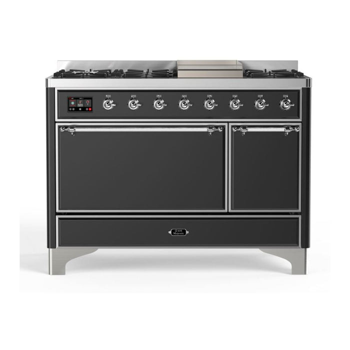 ILVE 48 Inch Majestic II Series Freestanding Dual Fuel Liquid Propane Range with 8 Sealed Brass Non Stick Coated Burners and Griddle (UM12FDQNS3)