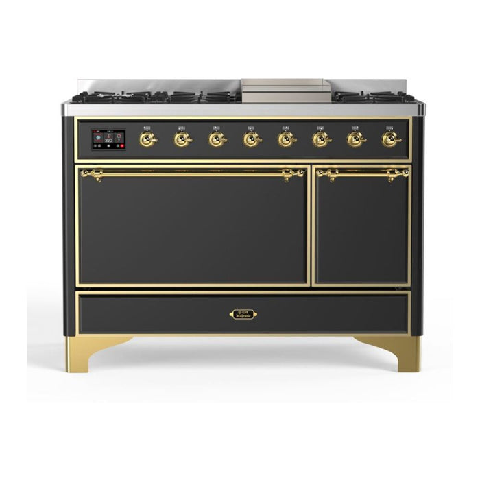 ILVE 48 Inch Majestic II Series Freestanding Dual Fuel Liquid Propane Range with 8 Sealed Brass Non Stick Coated Burners and Griddle (UM12FDQNS3)