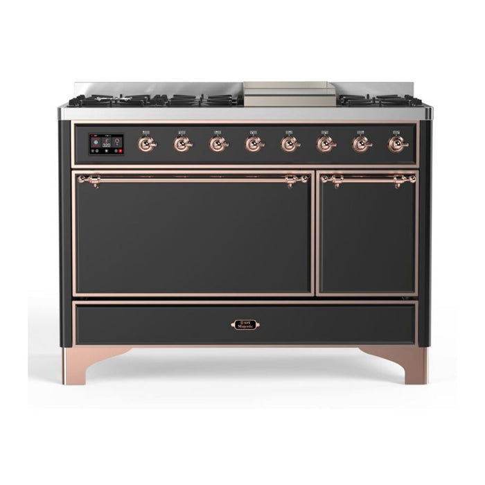 ILVE 48 Inch Majestic II Series Freestanding Dual Fuel Liquid Propane Range with 8 Sealed Brass Non Stick Coated Burners and Griddle (UM12FDQNS3)