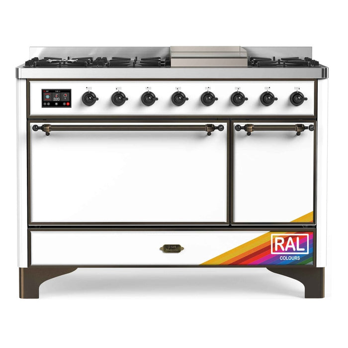 ILVE 48 Inch Majestic II Series Freestanding Dual Fuel Liquid Propane Range with 8 Sealed Brass Non Stick Coated Burners and Griddle (UM12FDQNS3)