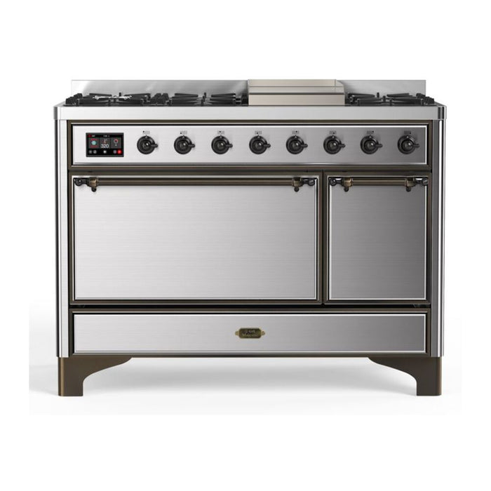 ILVE 48 Inch Majestic II Series Freestanding Dual Fuel Liquid Propane Range with 8 Sealed Brass Non Stick Coated Burners and Griddle (UM12FDQNS3)