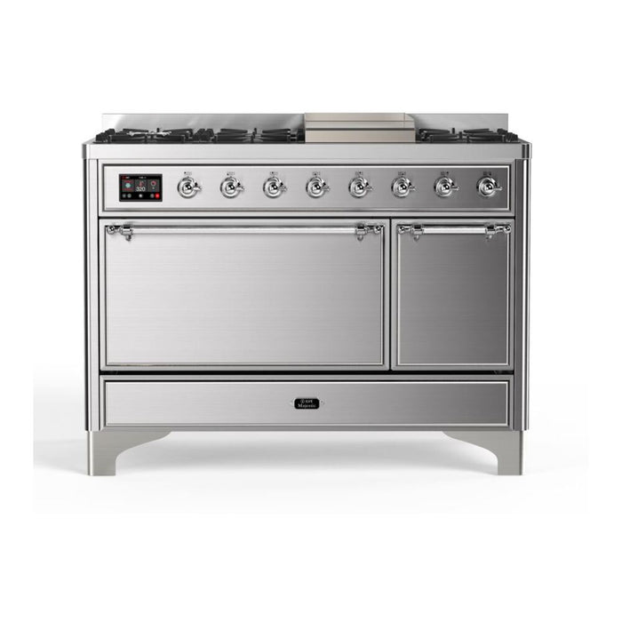 ILVE 48 Inch Majestic II Series Freestanding Dual Fuel Liquid Propane Range with 8 Sealed Brass Non Stick Coated Burners and Griddle (UM12FDQNS3)