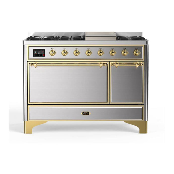 ILVE 48 Inch Majestic II Series Freestanding Dual Fuel Liquid Propane Range with 8 Sealed Brass Non Stick Coated Burners and Griddle (UM12FDQNS3)