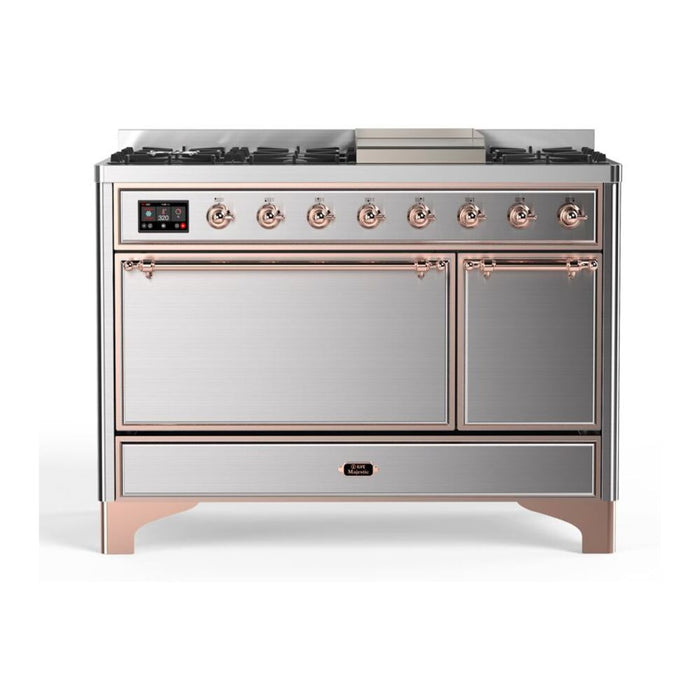 ILVE 48 Inch Majestic II Series Freestanding Dual Fuel Liquid Propane Range with 8 Sealed Brass Non Stick Coated Burners and Griddle (UM12FDQNS3)
