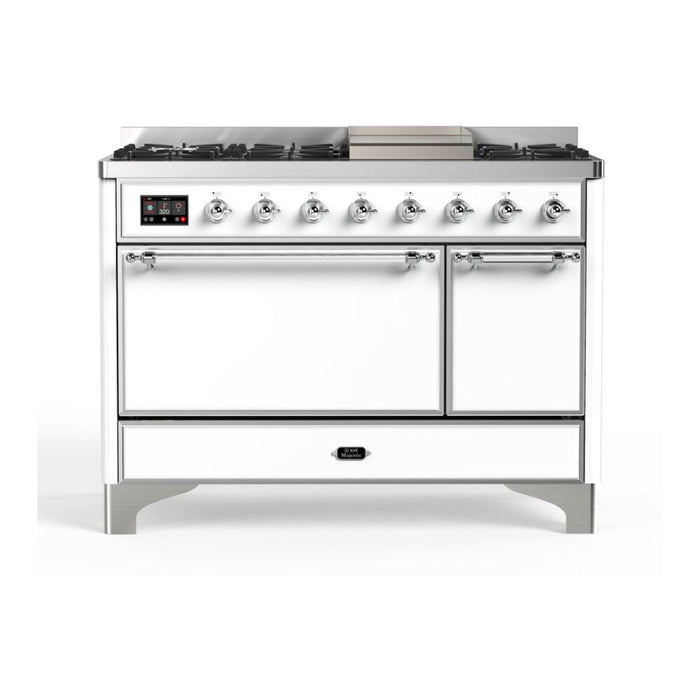 ILVE 48 Inch Majestic II Series Freestanding Dual Fuel Liquid Propane Range with 8 Sealed Brass Non Stick Coated Burners and Griddle (UM12FDQNS3)