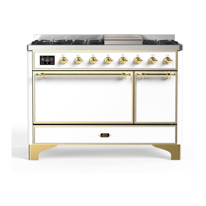 ILVE 48 Inch Majestic II Series Freestanding Dual Fuel Liquid Propane Range with 8 Sealed Brass Non Stick Coated Burners and Griddle (UM12FDQNS3)