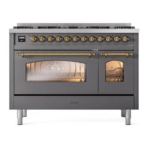 ILVE Nostalgie II 48 in Dual Fuel Range with 8 Total Black Brass Sealed Burners (Limited Edition UP488NMP)