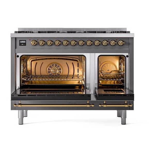 ILVE Nostalgie II 48 in Dual Fuel Range with 8 Total Black Brass Sealed Burners (Limited Edition UP488NMP)