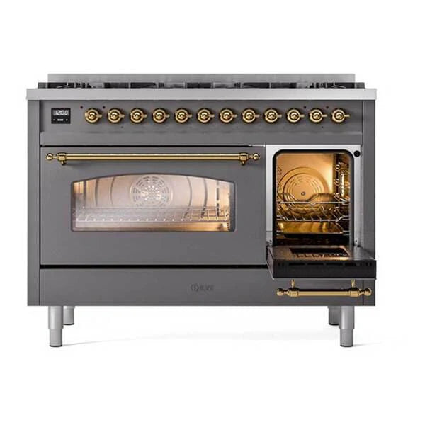 ILVE Nostalgie II 48 in Dual Fuel Range with 8 Total Black Brass Sealed Burners (Limited Edition UP488NMP)