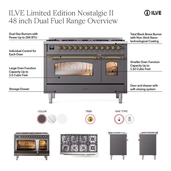 ILVE Nostalgie II 48 in Dual Fuel Range with 8 Total Black Brass Sealed Burners (Limited Edition UP488NMP)