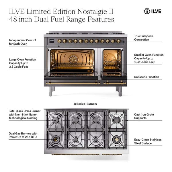 ILVE Nostalgie II 48 in Dual Fuel Range with 8 Total Black Brass Sealed Burners (Limited Edition UP488NMP)