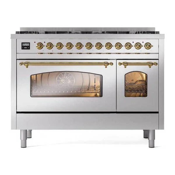 ILVE Nostalgie II 48 in Dual Fuel Range with 8 Total Black Brass Sealed Burners (Limited Edition UP488NMP)