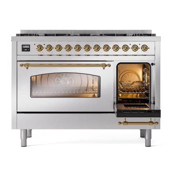 ILVE Nostalgie II 48 in Dual Fuel Range with 8 Total Black Brass Sealed Burners (Limited Edition UP488NMP)