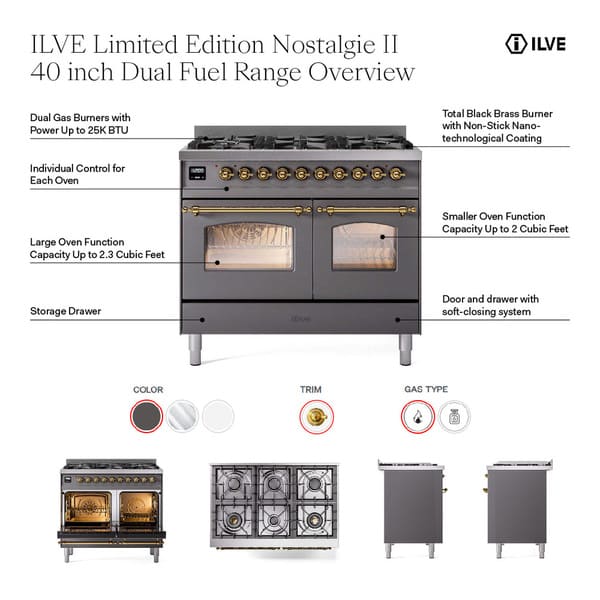 ILVE Nostalgie II 40 in Dual Fuel Range with 6 Total Black Brass Burners (Limited Edition UPD406NMP)