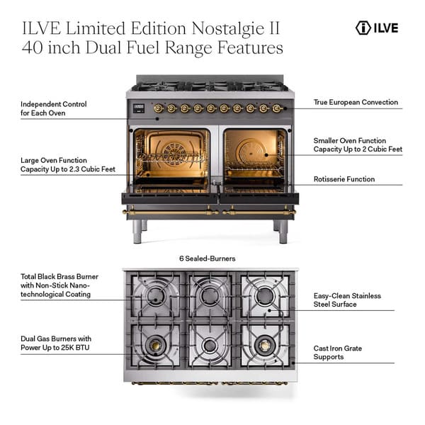 ILVE Nostalgie II 40 in Dual Fuel Range with 6 Total Black Brass Burners (Limited Edition UPD406NMP)