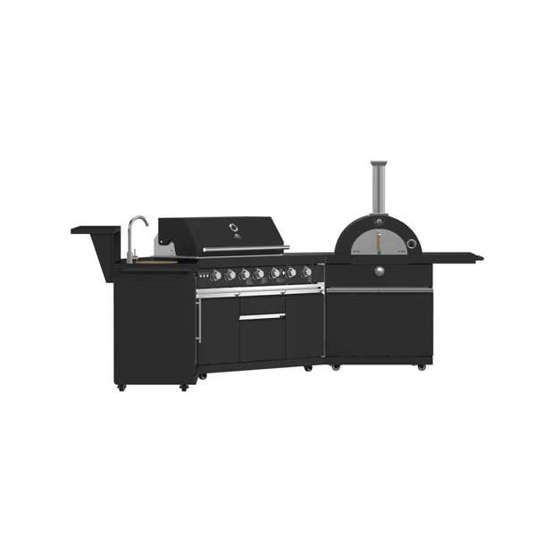 All'Aperto 87,600 BTU BBQ, Sink & Bar Module, Gas Pizza Oven, Black Sintered Stone Countertops