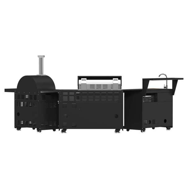 All'Aperto 87,600 BTU BBQ, Sink & Bar Module, Gas Pizza Oven, Black Sintered Stone Countertops