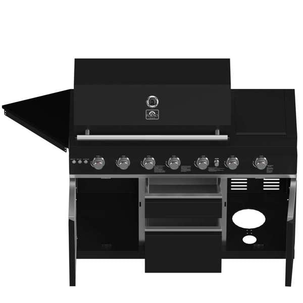 All'Aperto 87,600 BTU BBQ, Sink & Bar Module, Gas Pizza Oven, Black Sintered Stone Countertops
