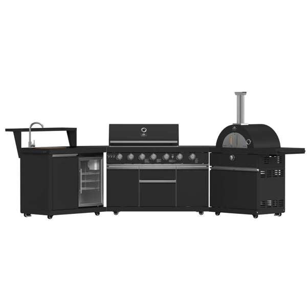 All'Aperto 87,600 BTU BBQ, Sink & Bar Module, Gas Pizza Oven, Black Sintered Stone Countertops