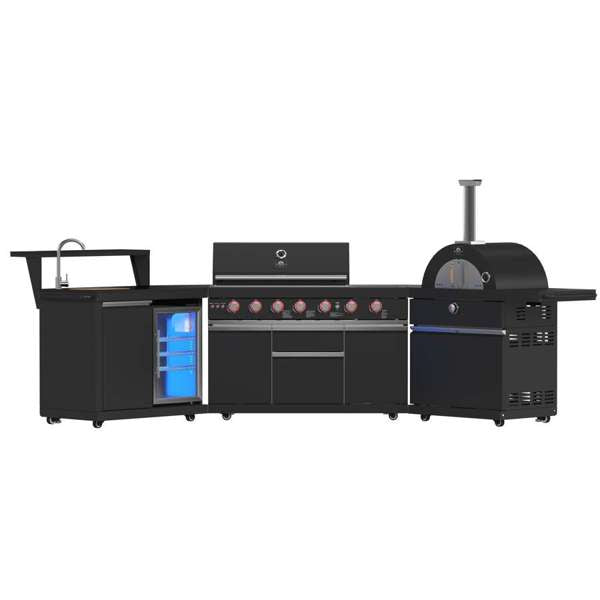 All'Aperto 87,600 BTU BBQ, Sink & Bar Module, Gas Pizza Oven, Black Sintered Stone Countertops