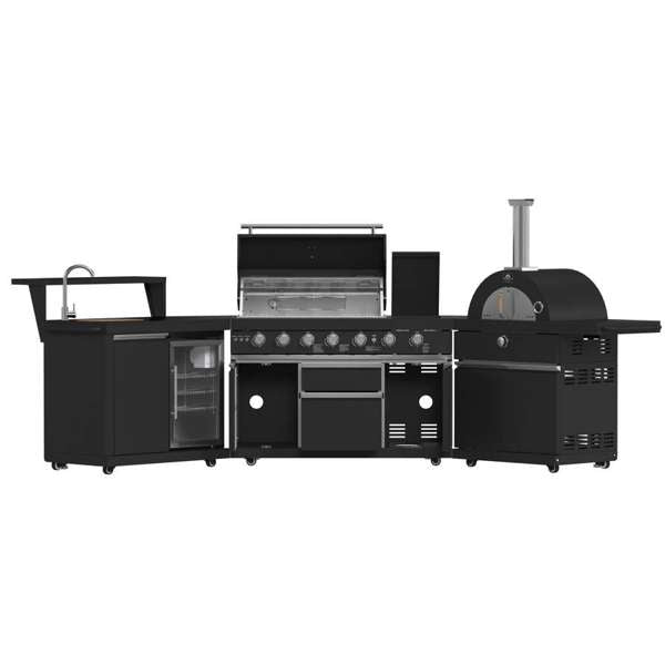 All'Aperto 87,600 BTU BBQ, Sink & Bar Module, Gas Pizza Oven, Black Sintered Stone Countertops