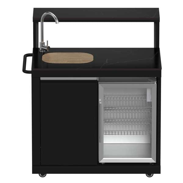 All'Aperto 87,600 BTU BBQ, Sink & Bar Module, Gas Pizza Oven, Black Sintered Stone Countertops