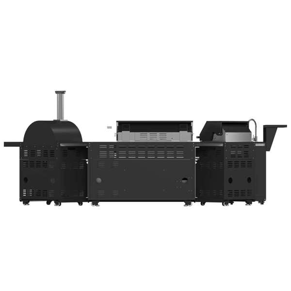 All'Aperto Black Countertops, 99,600 BTU BBQ, Sink, Bar Module, Plancha & Pizza Oven