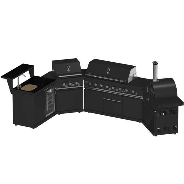 All'Aperto Black Countertops, 99,600 BTU BBQ, Sink, Bar Module, Plancha & Pizza Oven